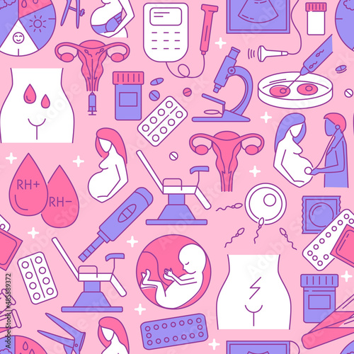 Gynecology seamless pattern in colored line style