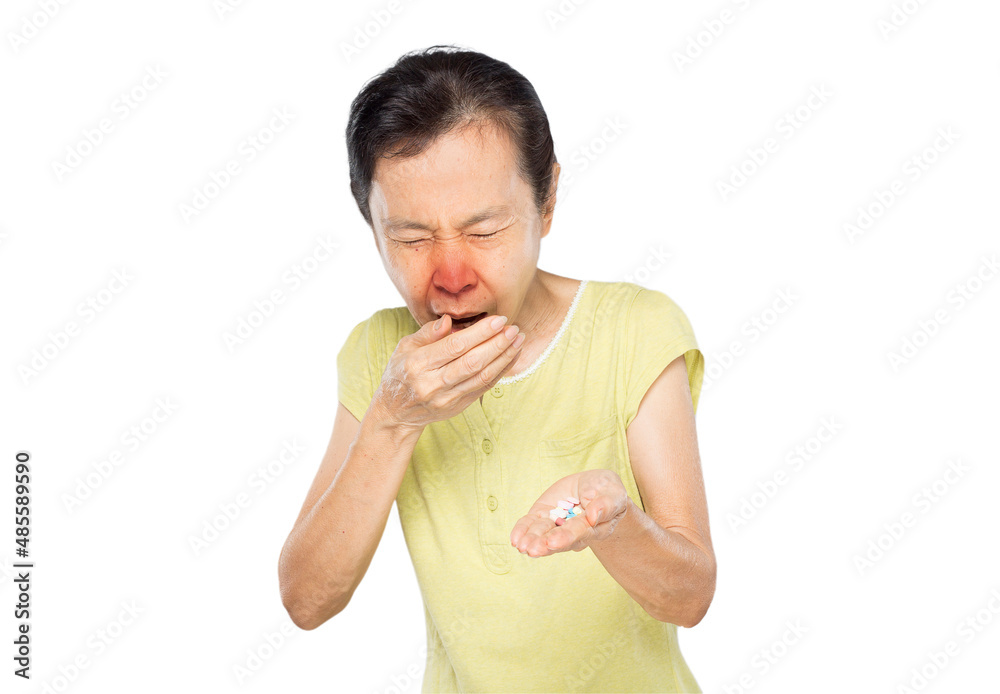 old asian woman due to cough spread saliva and holding pills old asian woman due to cough spread saliva and holding pills