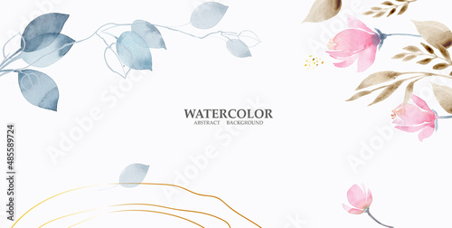Abstract watercolor art background in pink and gold pastel colors vector. Minimal style botanical wallpaper with flowers and leaves, Watercolor organic shapes. Vector background for banner, poster