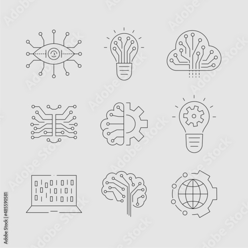 Artificial intelligence and machine learning line icon set. Simple thin outline pictogram collection. AI concept. Innovative robotic technology elements. Cpu,cloud. Editable stroke vector illustration