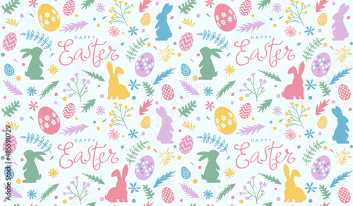 easter background seamless. cute easter bunnies and eggs on a background of flowers and leaves.