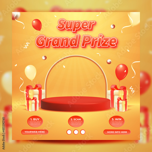 Grand prize invitation contest social media template, 3d podium and gift box