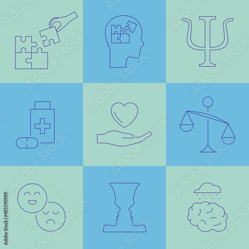 Psychotherapy and psychology line icon set. Simple thin outline pictogram collection. Mental health elements. Anxiety, group therapy, mood disorder, depression. Editable stroke vector illustration