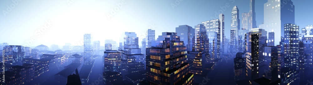 Night city under the moon, night skyscrapers, modern city at night, 3D rendering