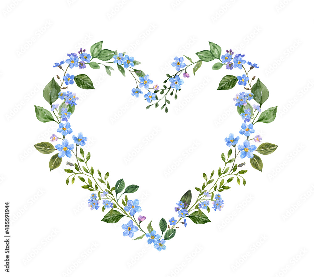 Watercolor floral heart wreath with wildflowers and green leaves, isolated on white background. Wedding botanical invitation, photo border or card template. Blue forget-me-not flowers frame.