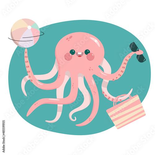 Happy octopus with ball and glasses. Smiling poulpe going to beach, summer concept. Brilliant underwater inhabitant have fun on the plage