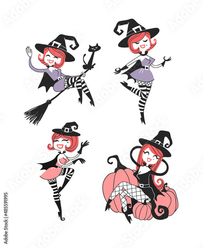 Hand drawn Retro illustration Halloween Characters. Creative Cartoon art work. Actual vector drawing Holiday Witches. Artistic isolated Vintage Person