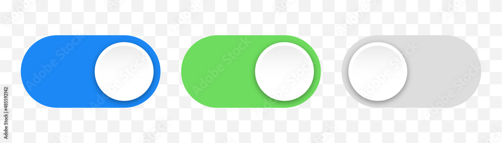 ON OFF toggles switch buttons vector set. Isolated  On Off switcher icons. Modern web and mobile app switch button interface elements. Setting toggle icons design. Vector illustration. - obrazy, fototapety, plakaty 