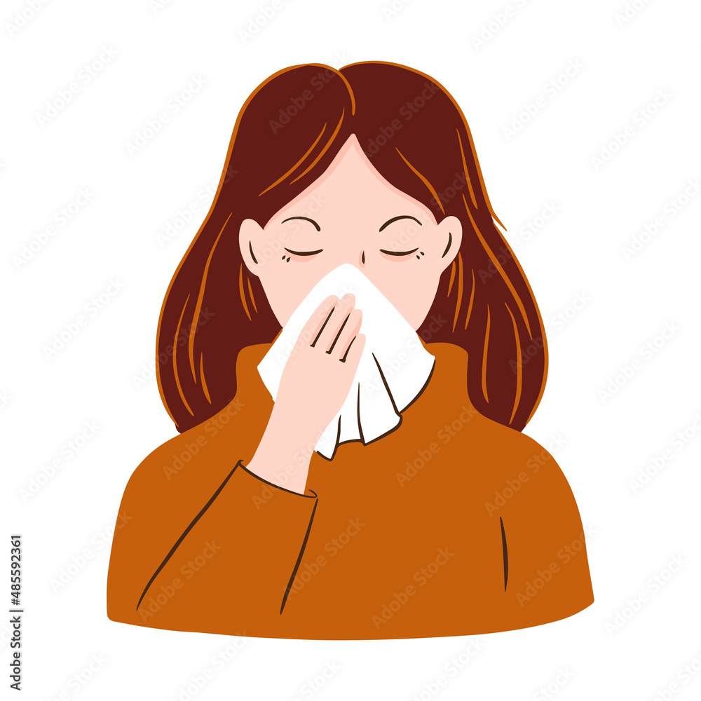 Portrait of a cold woman with a runny nose and a handkerchief. The girl is sick with coronavirus or flu. Vector hand drawn illustration. Portrait of a cold woman with a runny nose and a handkerchief. The girl is sick with coronavirus or flu. Vector hand drawn illustration.