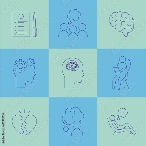 Psychotherapy and psychology line icon set. Simple thin outline pictogram collection. Mental health elements. Anxiety, group therapy, mood disorder, depression. Editable stroke vector illustration