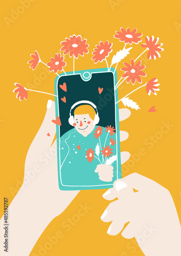 Female hand holding smartphone with boyfriend on screen. Video call with loved one. Finger touch screen. Vector illustration for web sites and banners design