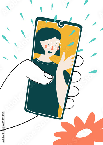 Male hand holding smartphone with girlfriend on screen. Video call with loved one. Finger touch screen. Vector illustration for web sites and banners design