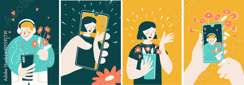 Loving happy couple chatting. Communication in social networks or messengers by phone. Guy and girl communicate via video call. Love is in the air. Vector illustration