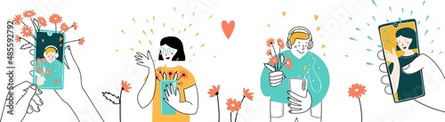 Loving happy couple chatting. Communication in social networks or messengers by phone. Guy and girl communicate via video call. Love is in the air. Vector illustration