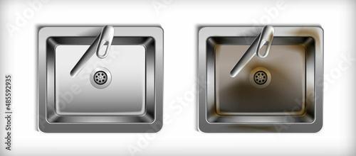 3d realistic vector mock up. Metal kitchen washbasin with and without rust.