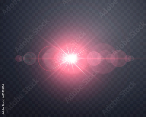 Red sunlight lens flare, sun flash with rays and spotlight. Glowing burst explosion on a transparent background. Vector illustration