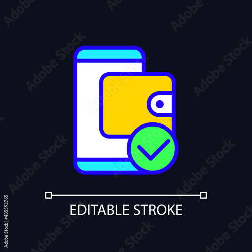 E wallet payment pixel perfect RGB color icon for dark theme. Electronic account. Online money transaction. Simple filled line drawing on night mode background. Editable stroke. Arial font used