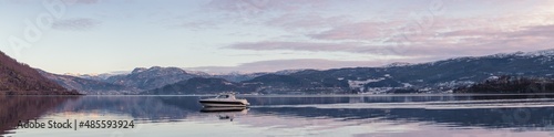 morning water landscape boat Fjord Etnesjøen Norway