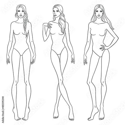Beautiful slim women. Fashion models posing, vector sketch illustration. Nine head fashion figure templates. Fashion female croquis, vector set.