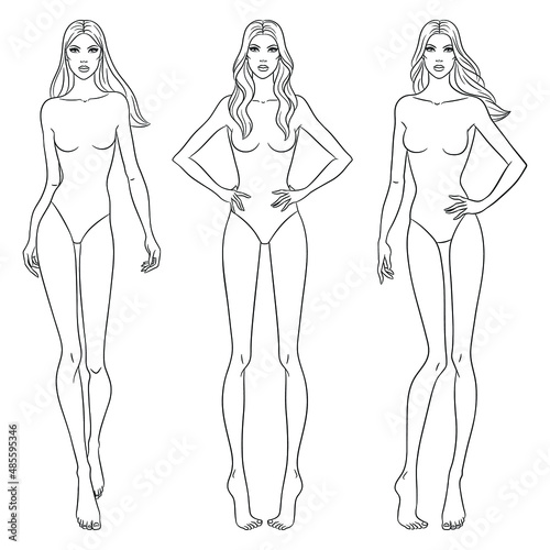 Beautiful slim women. Fashion models posing, vector sketch illustration. Nine head fashion figure templates. Fashion female croquis, vector set. photo