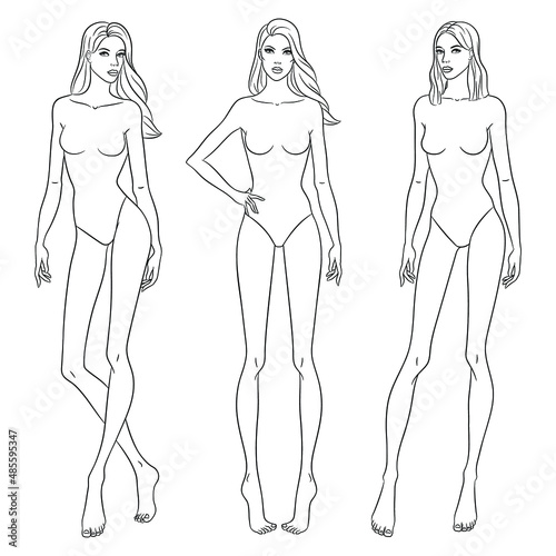 Beautiful slim women. Fashion models posing, vector sketch illustration. Nine head fashion figure templates. Fashion female croquis, vector set.