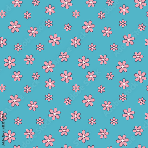 Seamless pattern with pink flowers on a blue background in the cartoon style of the 70s. Vector illustration