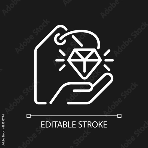 Premium goods pixel perfect white linear icon for dark theme. Rare products. Expensive purchase. Online shop. Thin line illustration. Isolated symbol for night mode. Editable stroke. Arial font used
