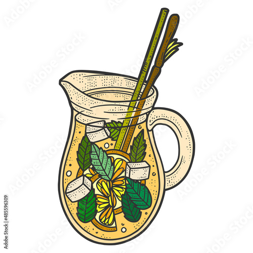 Lemonade in a jug. Sketch scratch board imitation color. Hand drawn.
