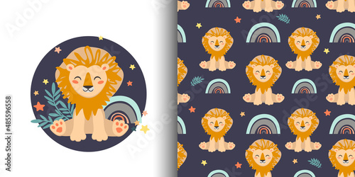 A set of illustrations and seamless patterns with a cute lion cub.A pattern with lions and a rainbow. Children's jewelry and textiles
Web