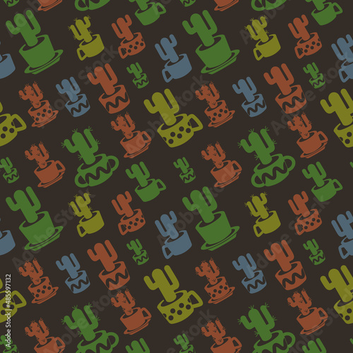 Seamless pattern with diagonal simple drawing cactus silhouette in cup