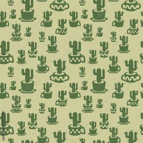 Seamless pattern with straight simple drawing cactus silhouette in cup