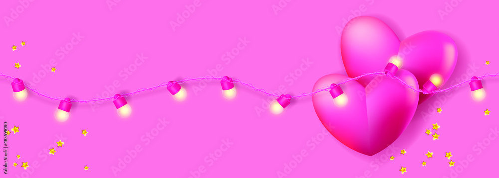 Two 3d pink hearts in a glowing garland of lights. Festive background with 3d decor