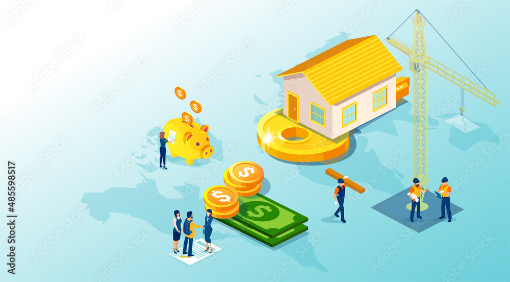 Obraz premium Vector of a building process of a home from engineer planning, bank money borrowing to presentation by a real estate agent to a young family