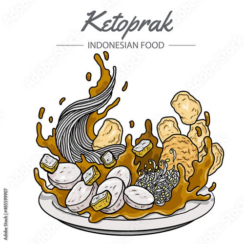 Ketoprak is a vegetarian dish from Jakarta, Indonesia, consisting of tofu, vegetables, rice cake, and rice vermicelli served in peanut sauce.