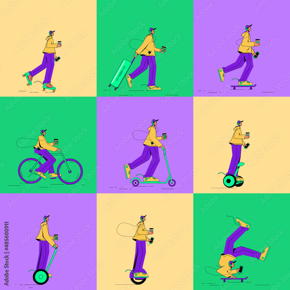 Set means of individual mobility, man on hoverboard, rollers, roller skates, bicycle. Vector illustration in flat cartoon style.