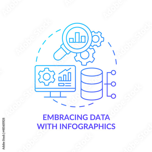 Embracing data with infographics blue gradient concept icon. Stats data. Analyzing data. Marketing trend abstract idea thin line illustration. Isolated outline drawing. Myriad Pro-Bold font used