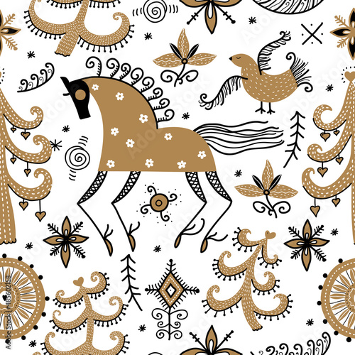 Gold Horse. Vector seamless pattern. Seamless pattern can be used for wallpaper, pattern fills, web page background, surface textures. photo