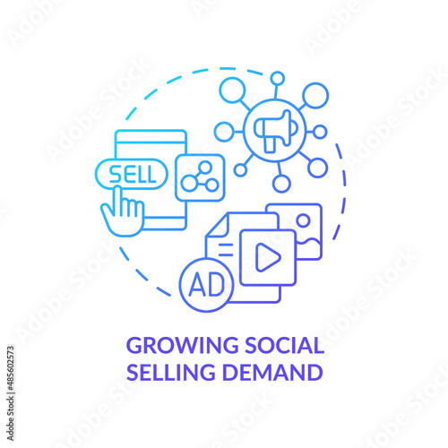 Growing social selling demand blue gradient concept icon. Digital promotion. SMM marketing trend abstract idea thin line illustration. Isolated outline drawing. Myriad Pro-Bold font used