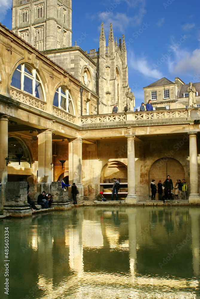 The Bath Abbey above the Roman Baths, in Bath, England
