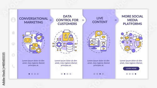 Modern marketing trends purple and white onboarding template. Responsive mobile website with linear concept icons. Web page walkthrough 4 step screens. Lato-Bold, Regular fonts used