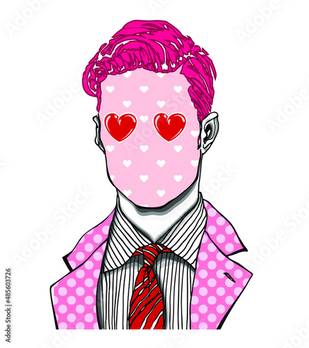 Hand drawn portrait of a funny handsome man with shiny red heart eyes and polka dot suit. Head in modern surreal tattoo art. Isolated vector illustration.
