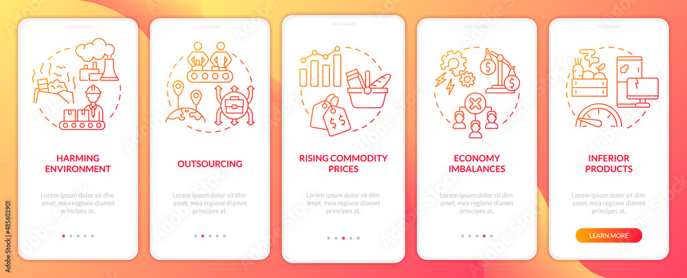 Market economy disadvantages red gradient onboarding mobile app screen. Walkthrough 5 steps graphic instructions pages with linear concepts. UI, UX, GUI template. Myriad Pro-Bold, Regular fonts used