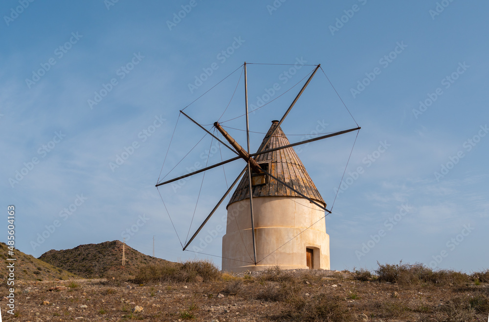 Historic windmill near the village of San Jose in Andalusia, Spain
