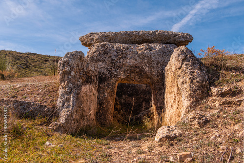 Dolmen in Gorafe: an excavated prehistoric grave in the Gorafe Megalithic Park, Andalusia, Spain