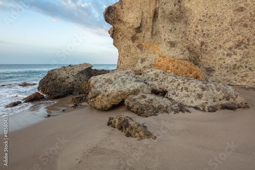 Принти на полотні Cliffs and rocks at the coast of Andalusia, Spain; conglomerate rocks on the bea