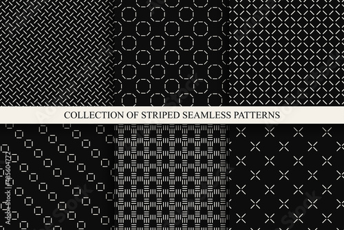 Collection of black minimalistic ornamental seamless patterns. Endless striped textures. Repeatable unusual simple backgrounds