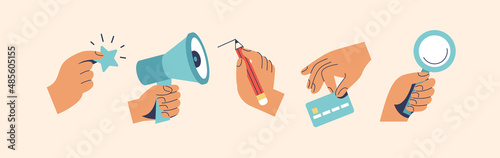 Various Hands holding things. Hands with megaphone, glass loupe, pencil, star and credit debit card. Vector illustration.