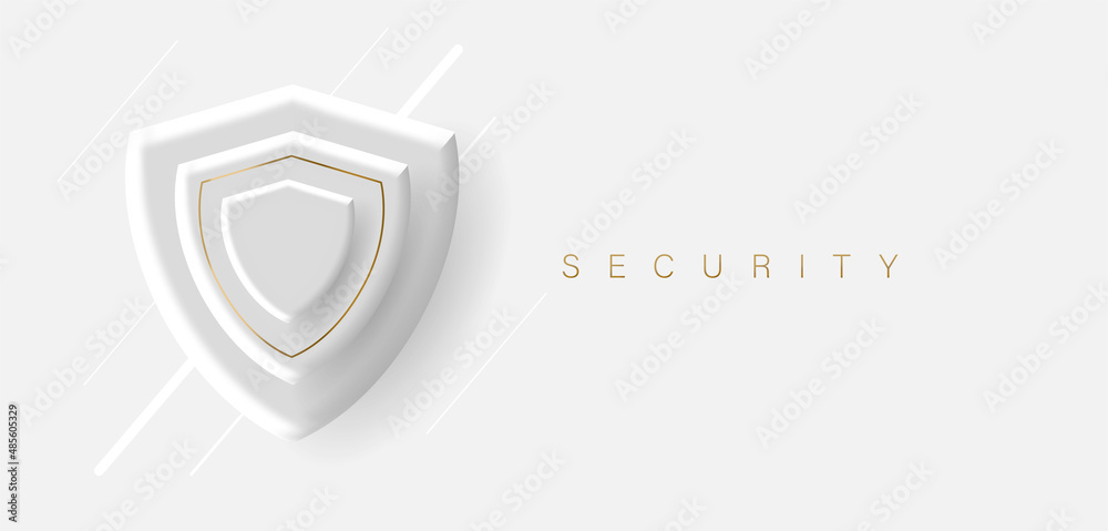 3d background with white shields shapes layering from large to small, volume dynamic composition with golden shield in the center and security text 3d background with white shields shapes layering from large to small, volume dynamic composition with golden shield in the center and security text