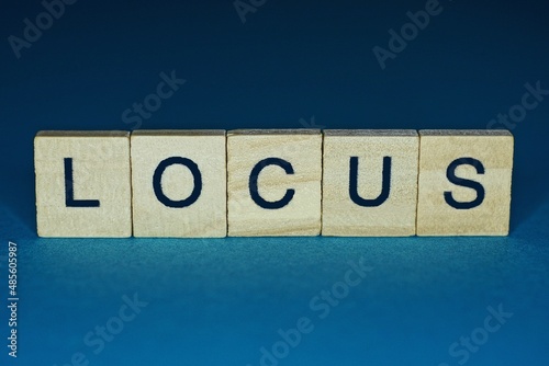 Foto gray word locus in small wooden letters on a blue background