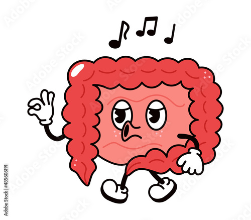 Cute funny intestines walking singing character. Vector hand drawn traditional cartoon vintage, retro, kawaii character illustration icon. Isolated on white background. Intestines sing characte